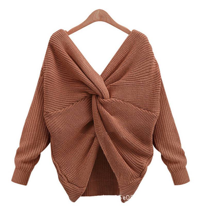 Twist Wrap Back Cross Knot Long Sleeve V-Neck Knitted Sweater