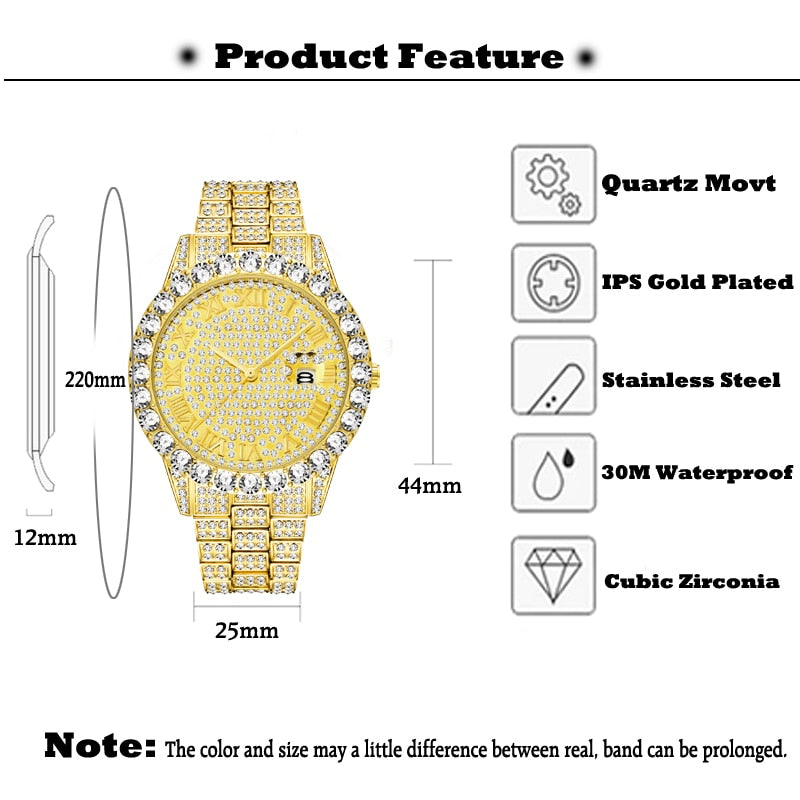 Sparkling Men's 18k Gold Plated Classic Hexagon Big Diamond Watch