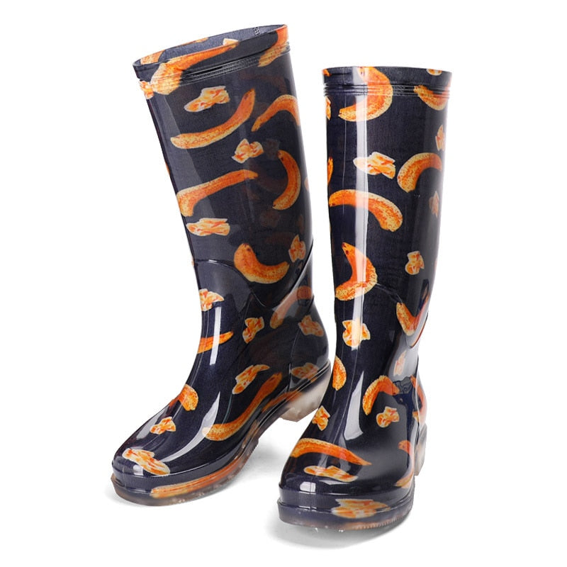 PVC Flower Round Toe Knee High Rain Boots