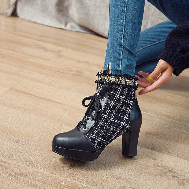 Plaid Studded Tassel Ruffles Platform Cross Tied Ankle Boots