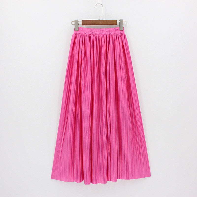 Satin Loose Pleated Solid Color High Waisted Maxi Skirt