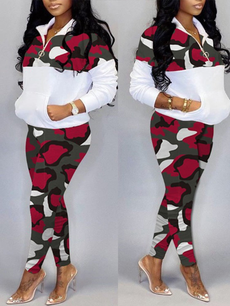 Camoflauge Geometric Print Pocket Zipper Front Pullover & Pants Plus Ladies Sweatsuit to 4X