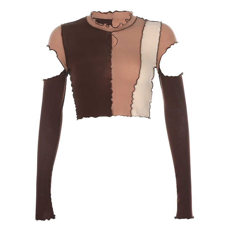 Frill Cut-Out Long Sleeve Colorblock Cropped Top