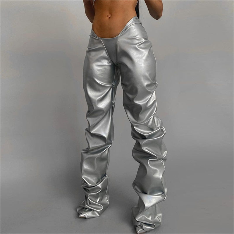 Solid Faux PU Leather Ruched Pants