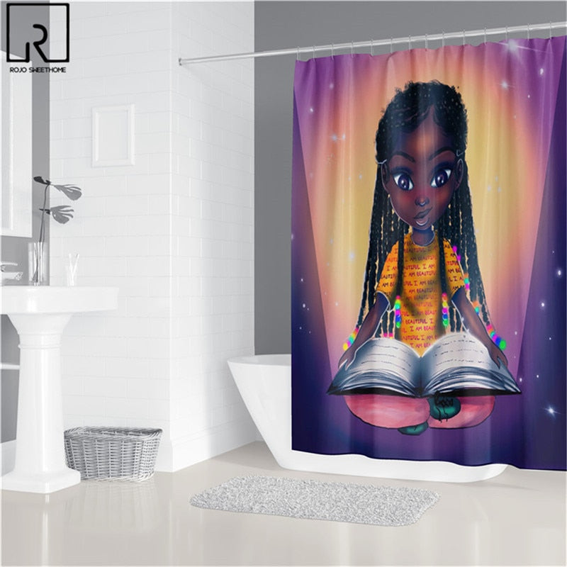 Black Woman Printed Shower Curtain w/ 12 Hooks Bathroom Bath Mat Set Toilet Cover 1/3/4 PCS