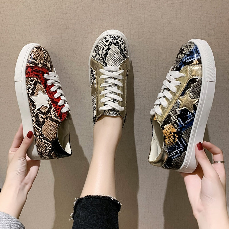 Snake Print Leather Women's Designer Star Design Vulcanized Sneakers