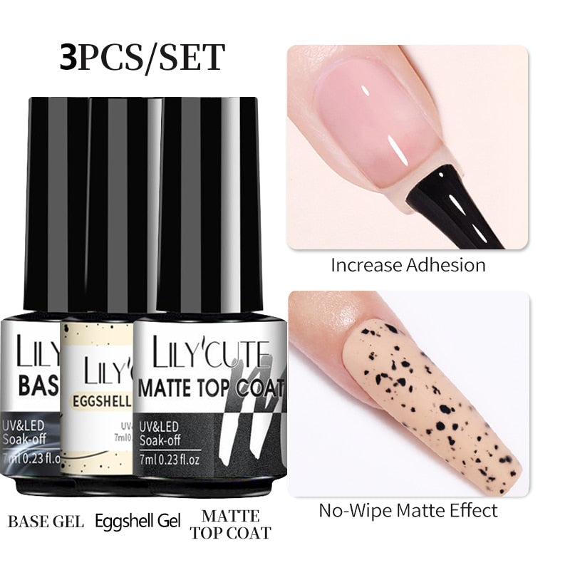 3 Piece Gel Polish Set: Winter Color Glitter Sequin Matte Effect Gel, Long Lasting Base Top Coat Nail Art Design