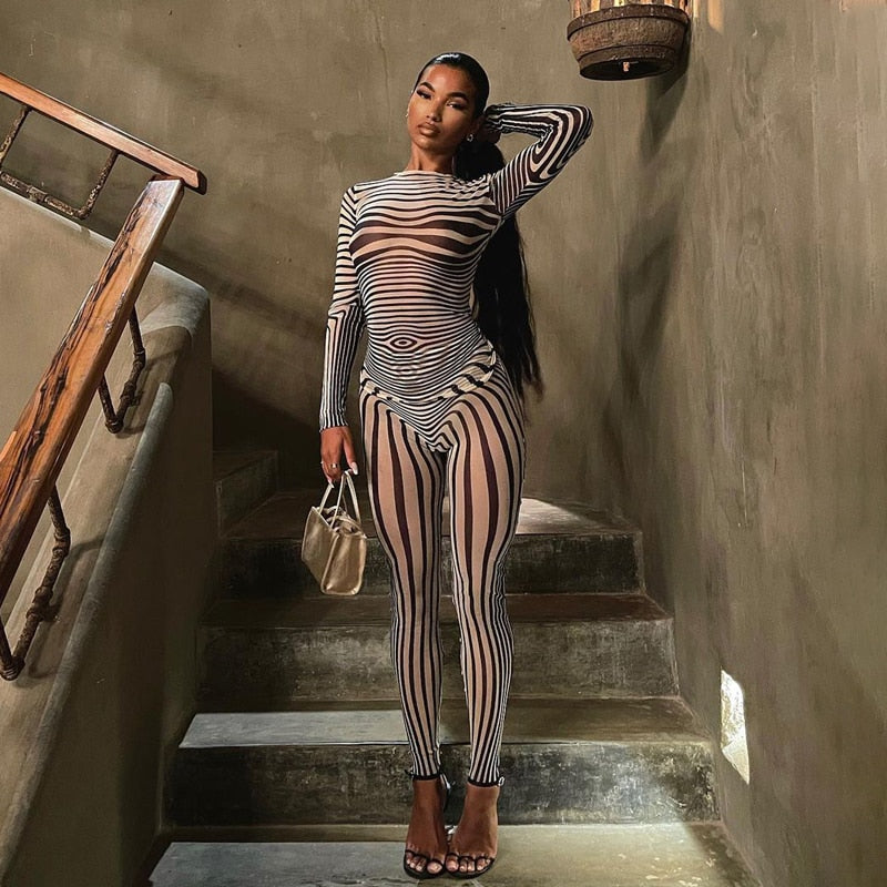 Mesh Striped Transparent Long Sleeve O-Neck 2-Piece Outfit