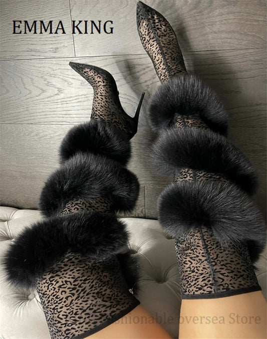 Transparent Mesh Fur Leopard Stiletto Zipper Back Over-the-Knee Boots