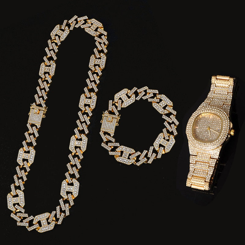 3-Piece Jewelry Hip Hop Gold Iced Out Paved Rhinestones CZ Bling  Sets: Cuban Chain, Watch & Bracelet