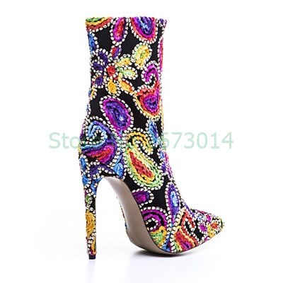 Paisley Crystal Studded Flower Stiletetto Heel Side Zipper Ankle Boots