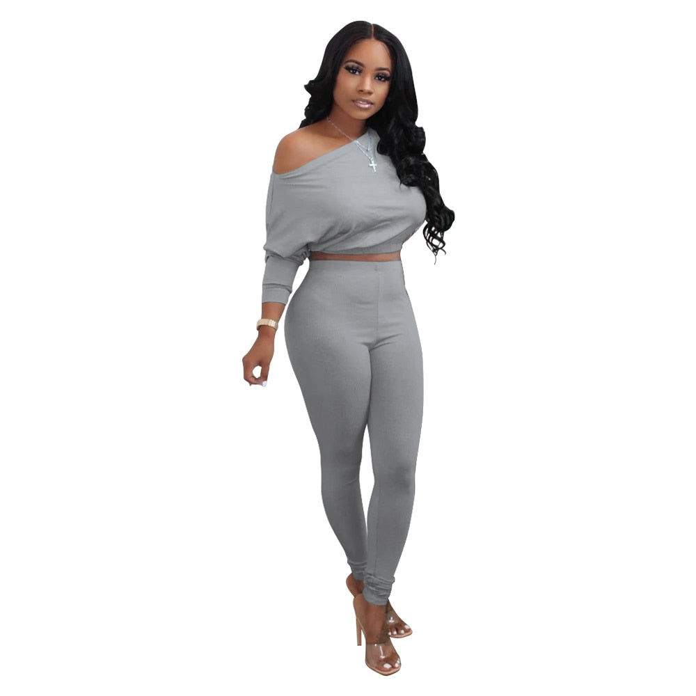 Knitted Off Shoulder Solid Long Sleeve Crop Top + Matching Sweatpants 2-Piece Set