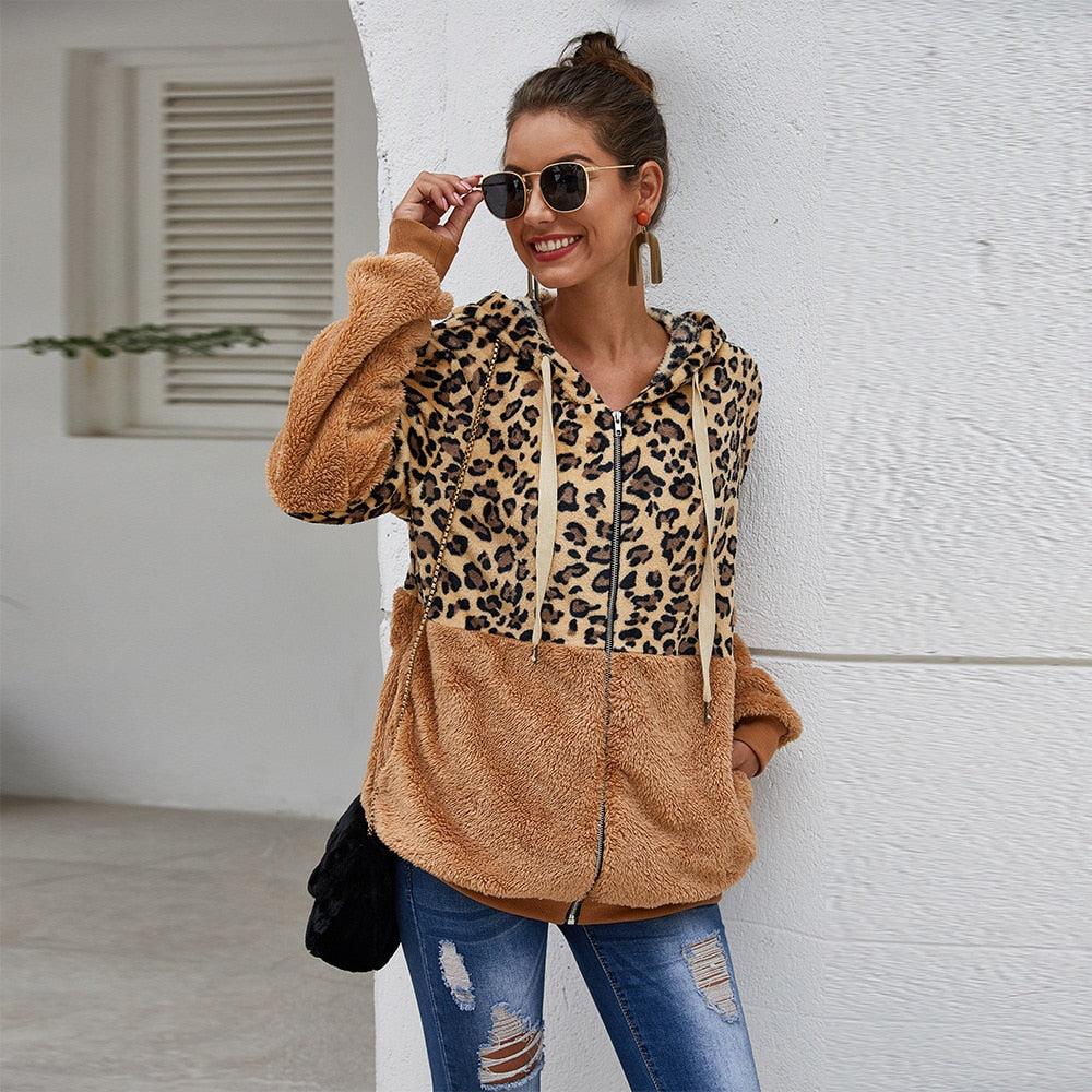 Leopard/Colorblock Women's Long Sleeve Zipper Hoodie Jacket