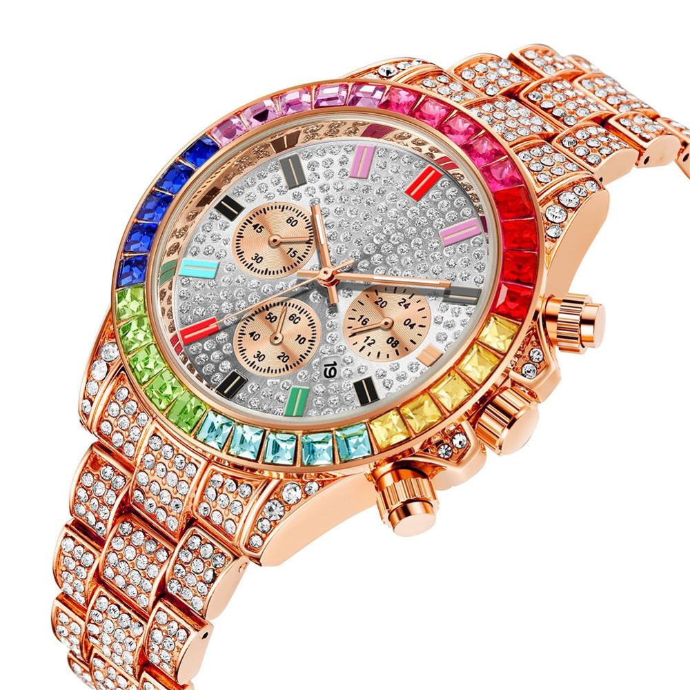 Rainbow Diamond  Iced Out Square Quartz Waterproof Men's Watch