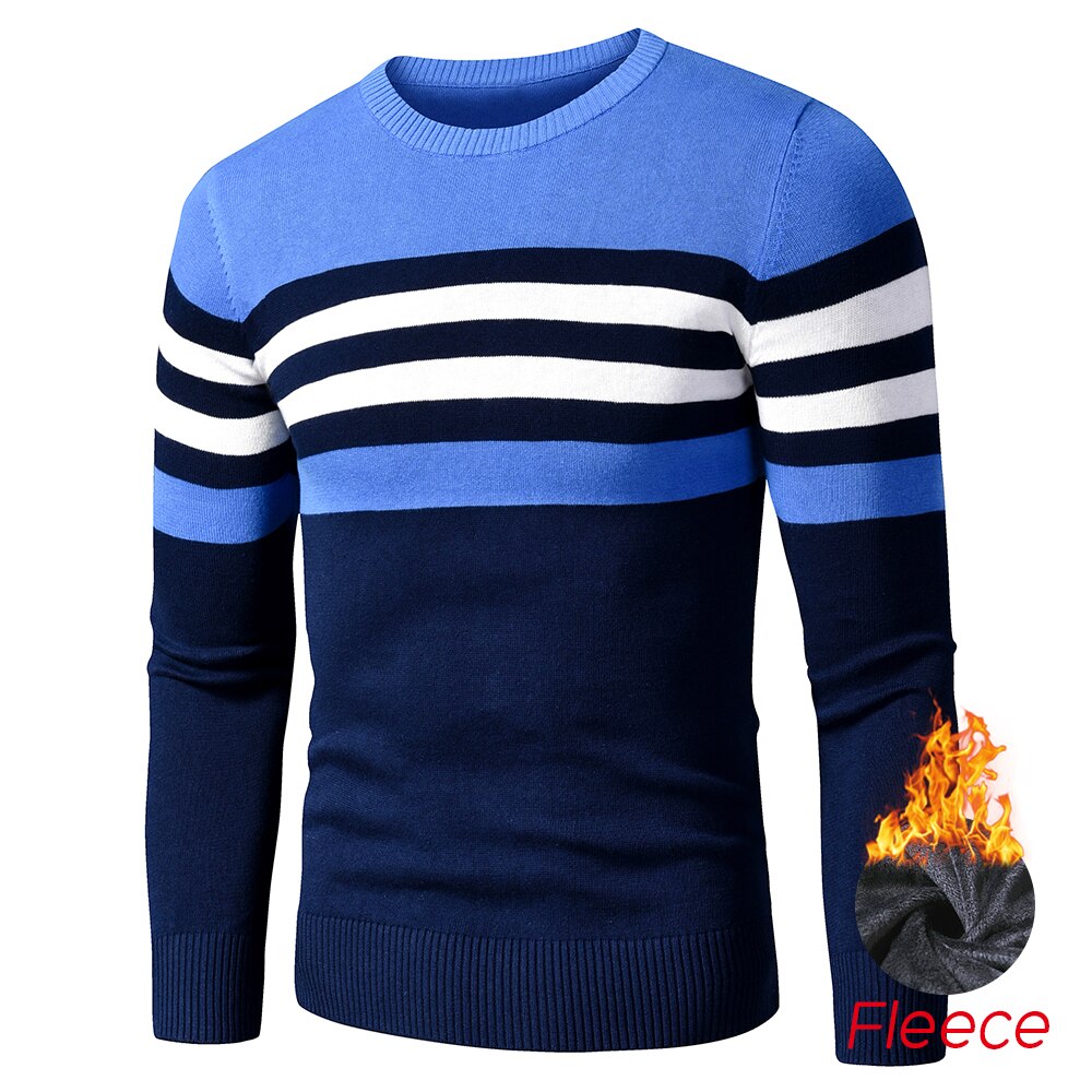 Men's Striped Fleece Cotton Pullover O-Neck Sweater