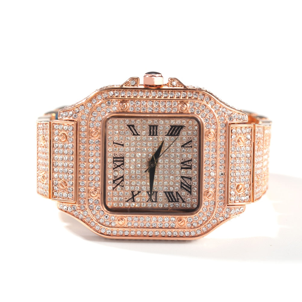 Hip Hop Full Iced Out Full Drill Square Stainless Steel Rhinestones Quartz Square Watch