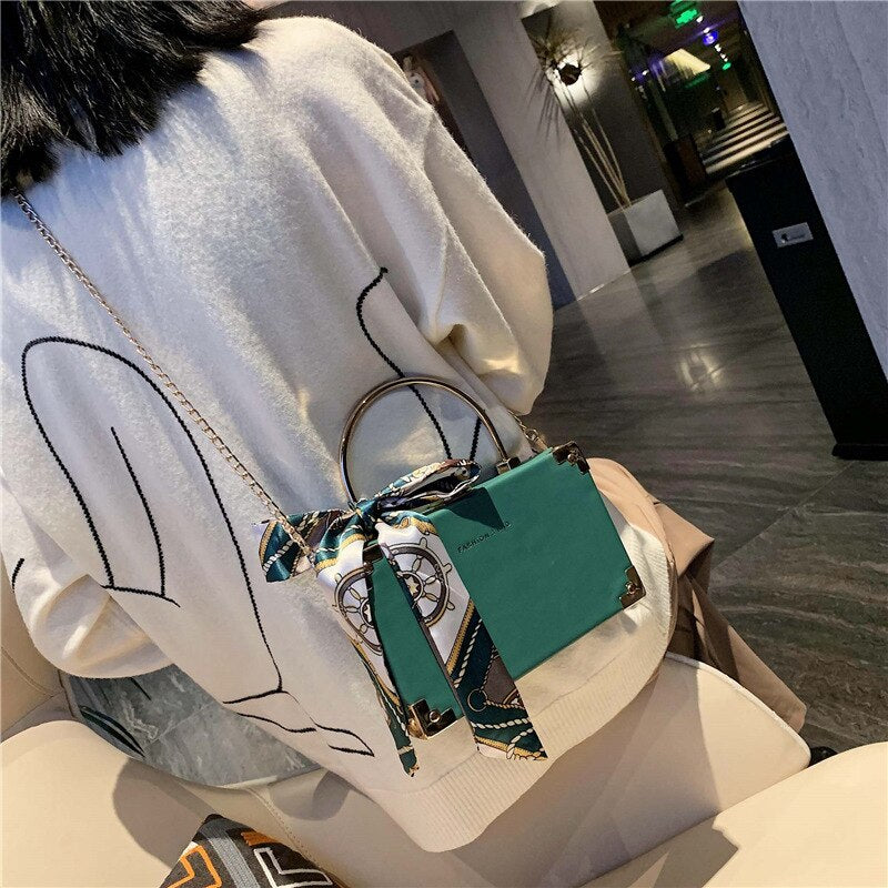 Metal Handle Box Design Women Party Clutch Bag Fashion Shoulder Chain Scarf Crossbody Pursd