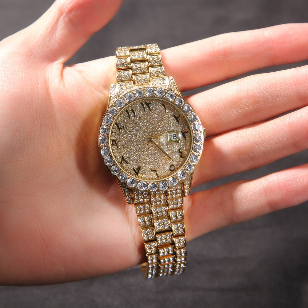 Rhinestone Geometric Hip-Hop Big Dial Full Iced Out Arabic Numerical Stainless Steel Quartz Watch