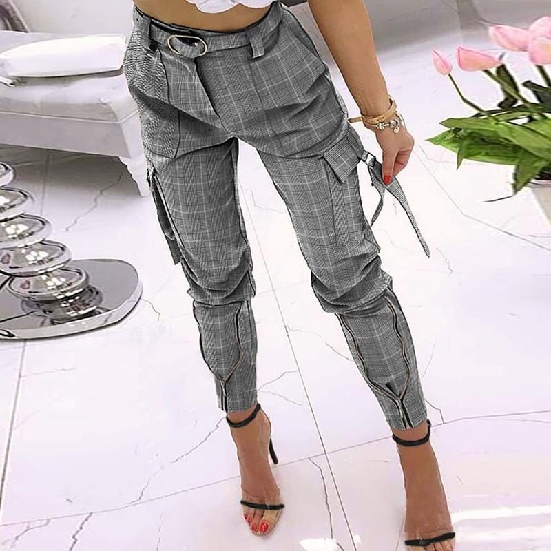 Pocketed Solid Cargo High Waist Zipper Trouser Ladies Pants to 5X Plus Size