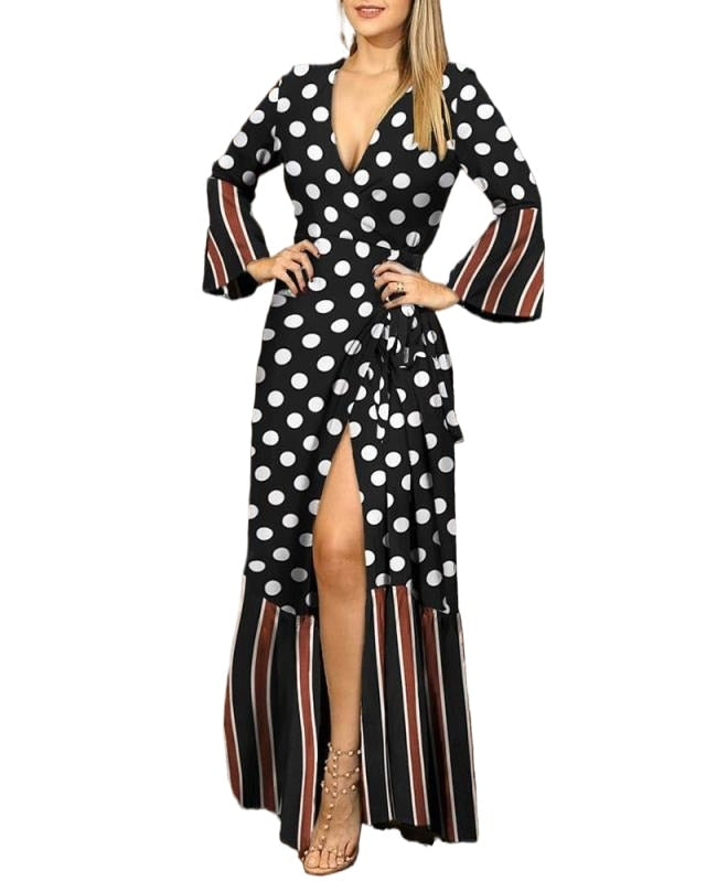 Polka Dot/Floral/Graffiti Print Split Deep V-Neck Flare Sleeve Maxi Dress to 3X