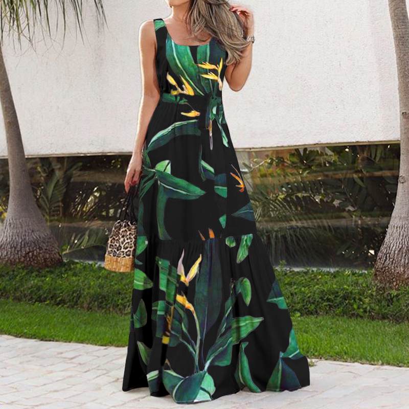 Bohemian Floral Print Ruffled Sleeveless Maxi Sundress to 5X Plus Size