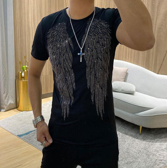 Men's Rhinestone Angel Wings Hot Drill T-Shirt