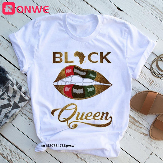 Women's African White T-Shirt Girl Black Queen Lip T-Shirt