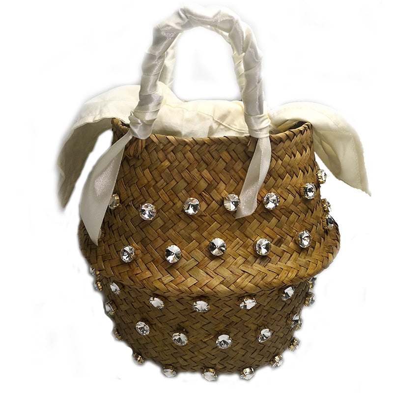 Handmade Crystal Woven Basket Diamond Clutch Straw Bag