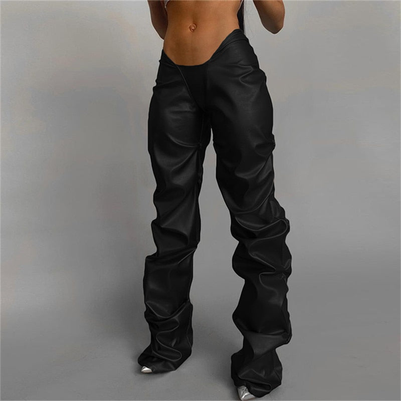 Solid Faux PU Leather Ruched Pants