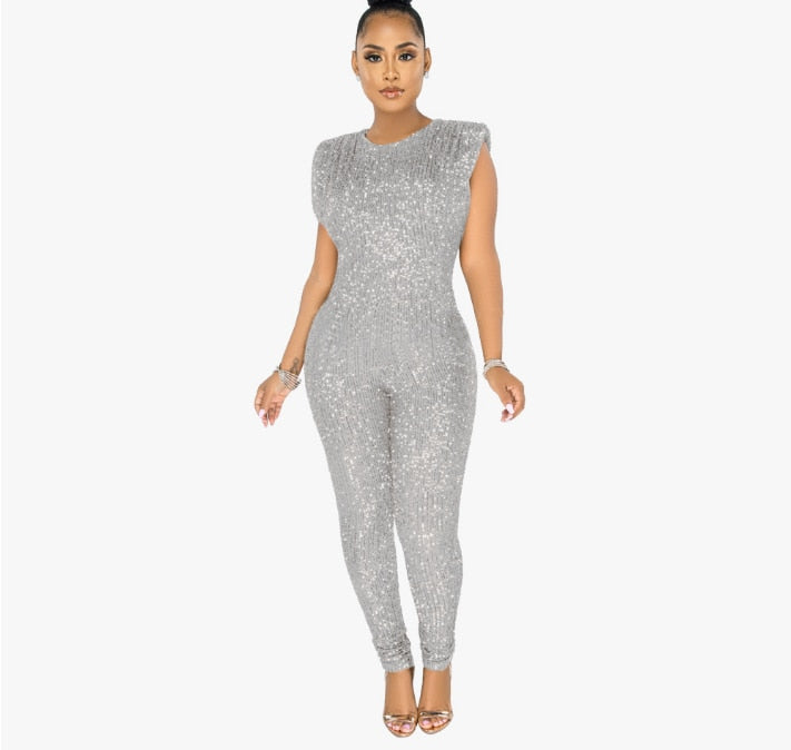 Sequin Glitter O-Neck Women's Sleeveless/Long Sleeve Bandage Jumpsuit w/ Belt to 5X