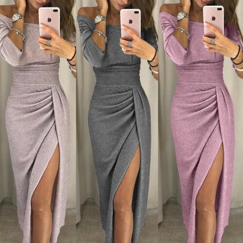 Off Shoulder Party Formal Cocktail Wedding Long Sleeve High Slit Dress