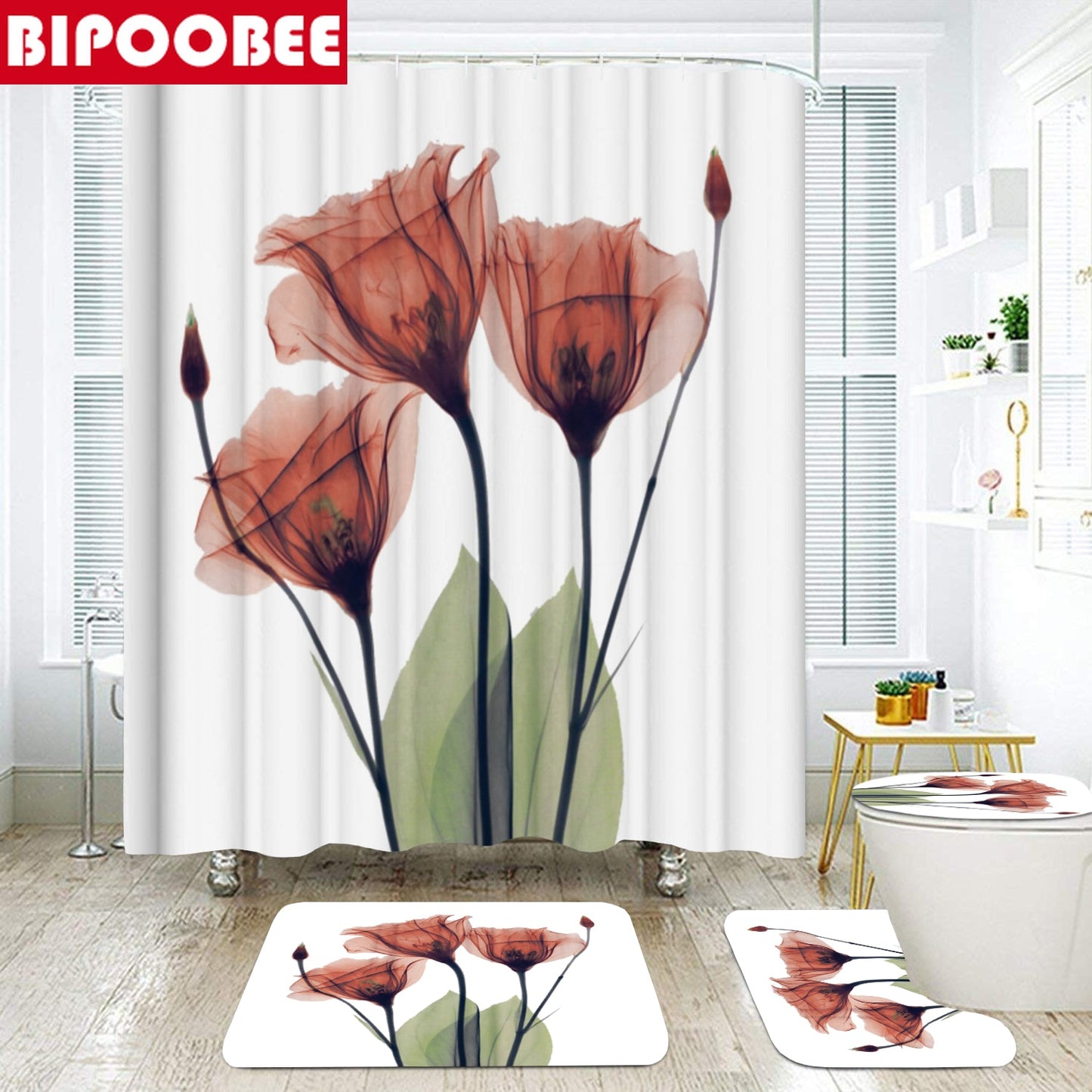 Tulip Lotus Flowers Trees Shower Curtain Sets Non-Slip Rugs Toilet Lid Cover and Bath Mat Waterproof Shower Curtain