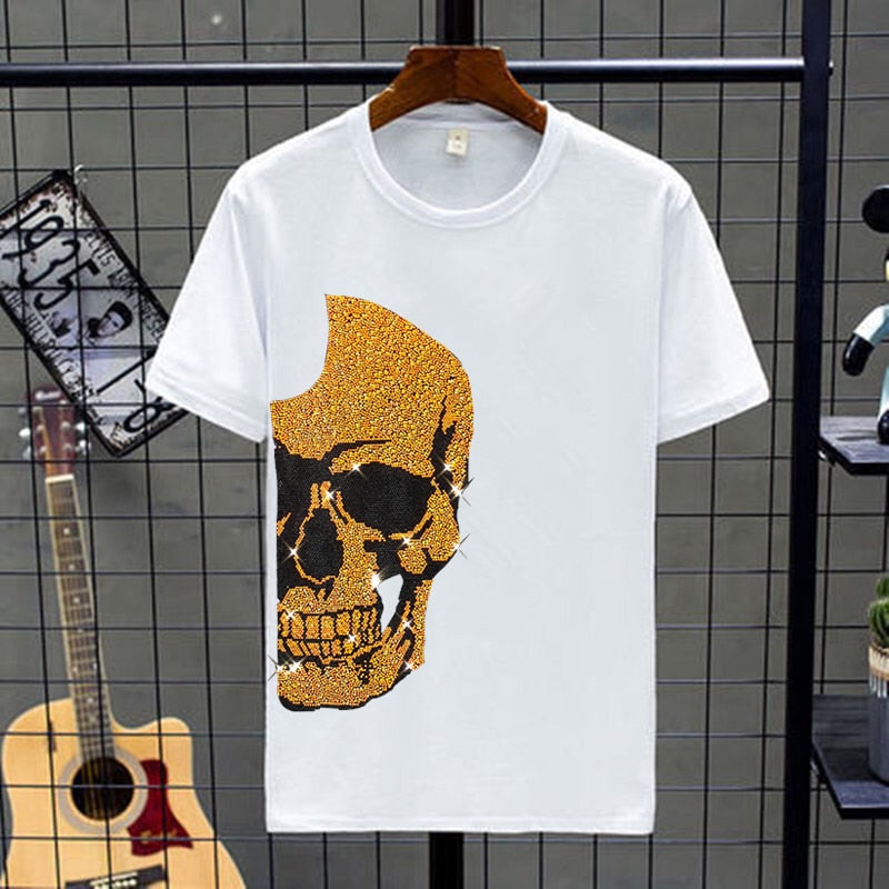 Men's Shiny Rhinestone Skull Head Short Sleeve O-Neck T-Shirt Set Big & Tall to 5X