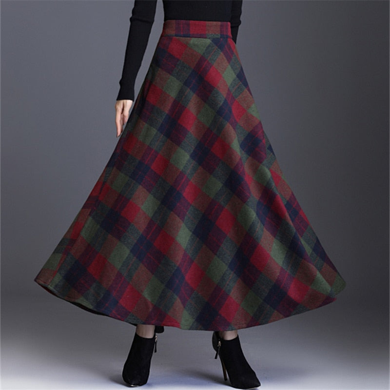 Wool Plus Size Plaid Pleated A-Line Maxi Tartan Skirt