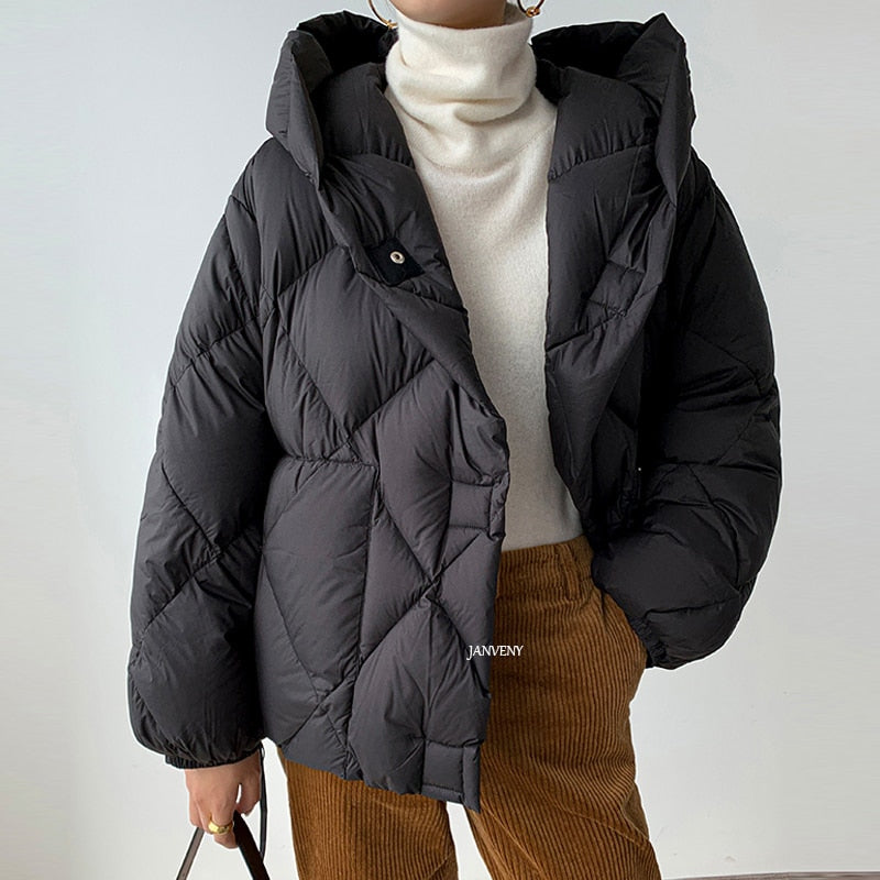 90% Duck Down Short Jacket Women Thick Warm Loose Cocoon Type Hooded Diamond Puffer Jacket