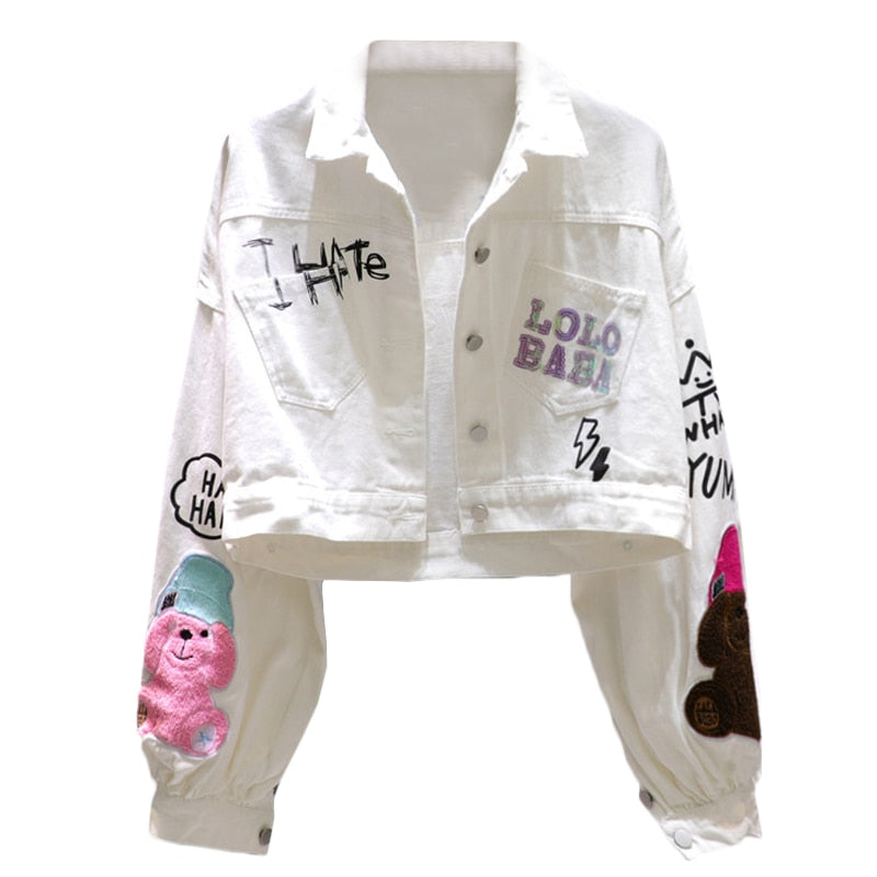 Grafitti Cropped Women's Cartoon Bear Sequin Denim Letter Print Jean Jacket