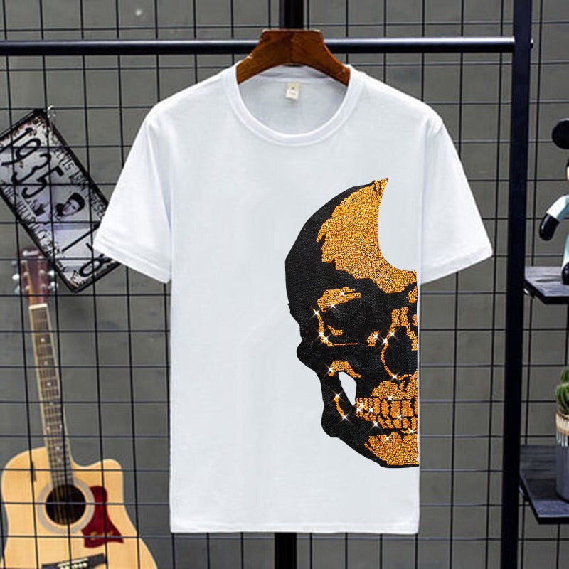 Men's Shiny Rhinestone Skull Head Short Sleeve O-Neck T-Shirt Set Big & Tall to 5X