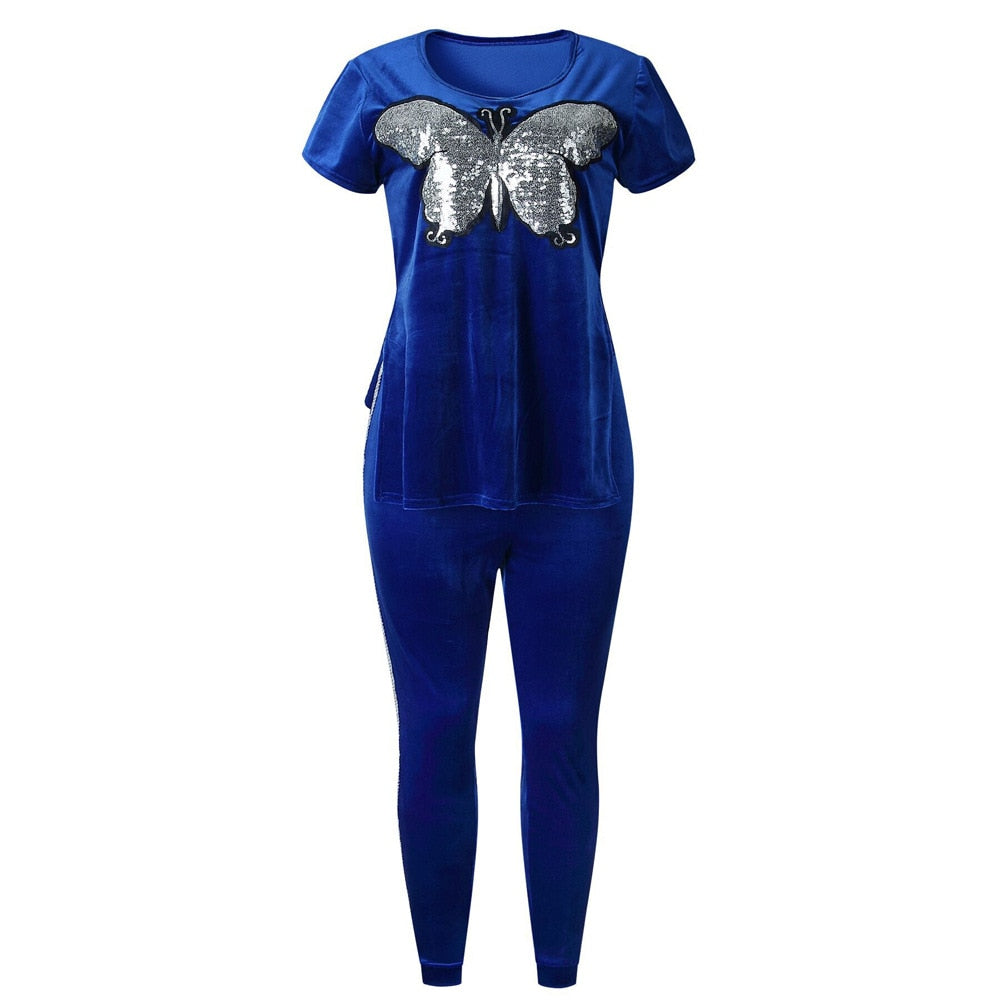 Velvet Metallic Butterfly Embroidered Short Sleeve Top & Side Striped Skinny Pants 2-Piece Set to 3X Plus Size