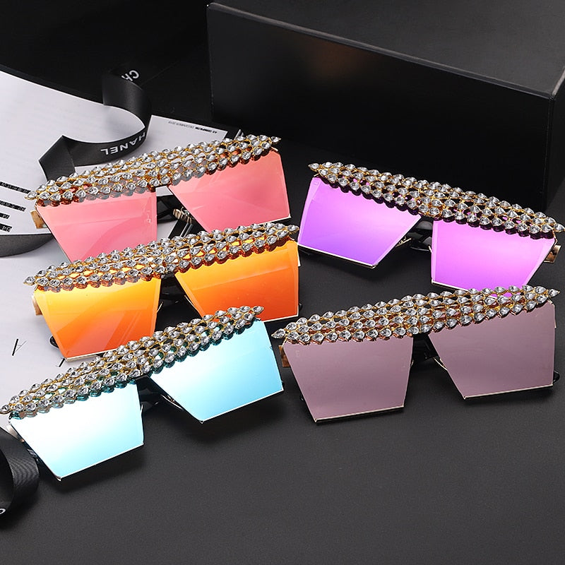 Mirror Reflective Square Diamond Net Flat Top Crystal Punk Sunglasses