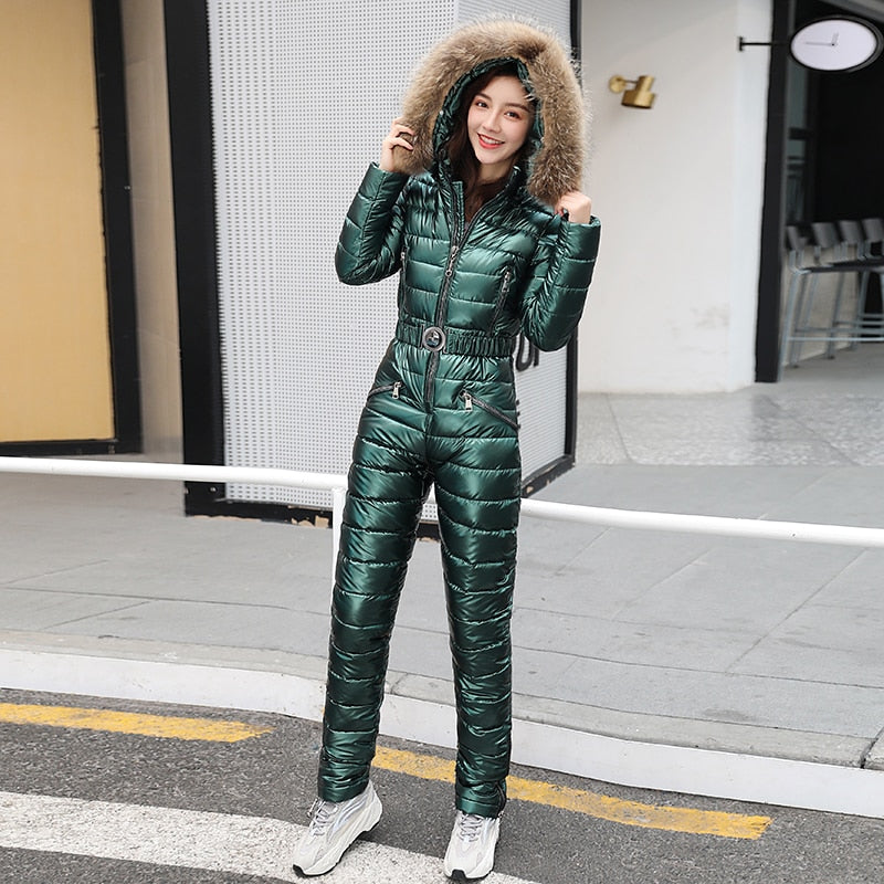 Fur Hood Quilted Solid Color Ladies Ski Snowsuit