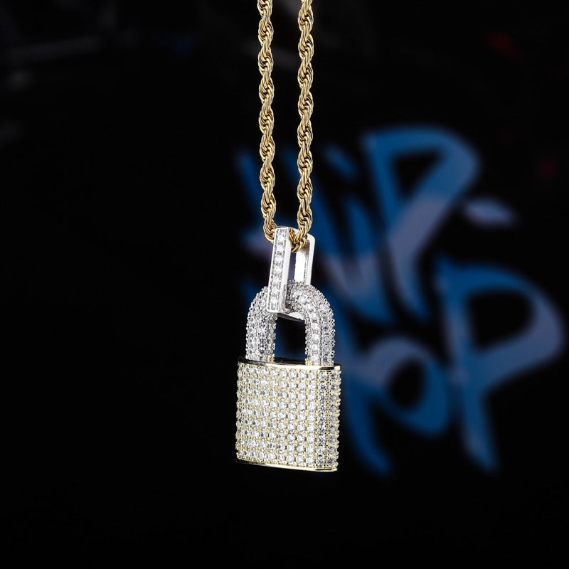 Hip-Hop Bling Lock Pendant Iced Out Bling Cubic Zircon Rope/Franco/Cuban Chains