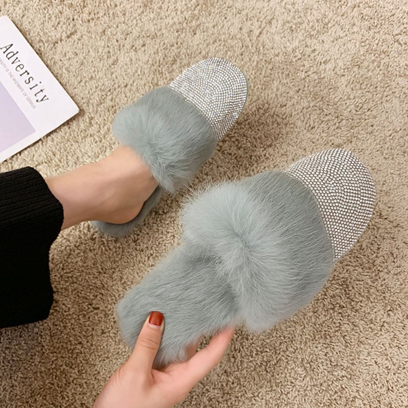 Luxury Rhinestone Fur Crystal Slides Mule Slippers