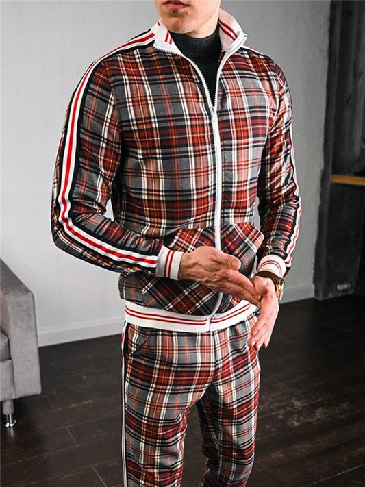 Men's Plaid/Geometric O-Neck Printed Zipper Jacket Tracksuits