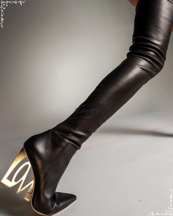 Genuine Leather Black Gold Plated LOVE Wedge Heel Thigh High Pointed Toe Over-the-Knee Boots