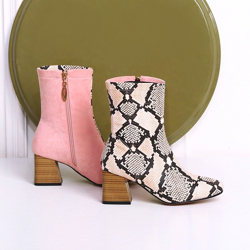 Snake Print Colorblock Patchwork Women's Zipper Ankle Boots