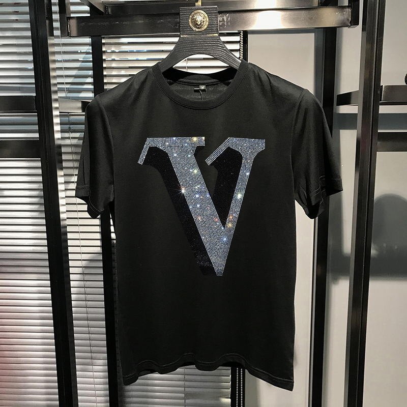 Men's Rhinestone V Emblem Slim Short Sleeve T-Shirt