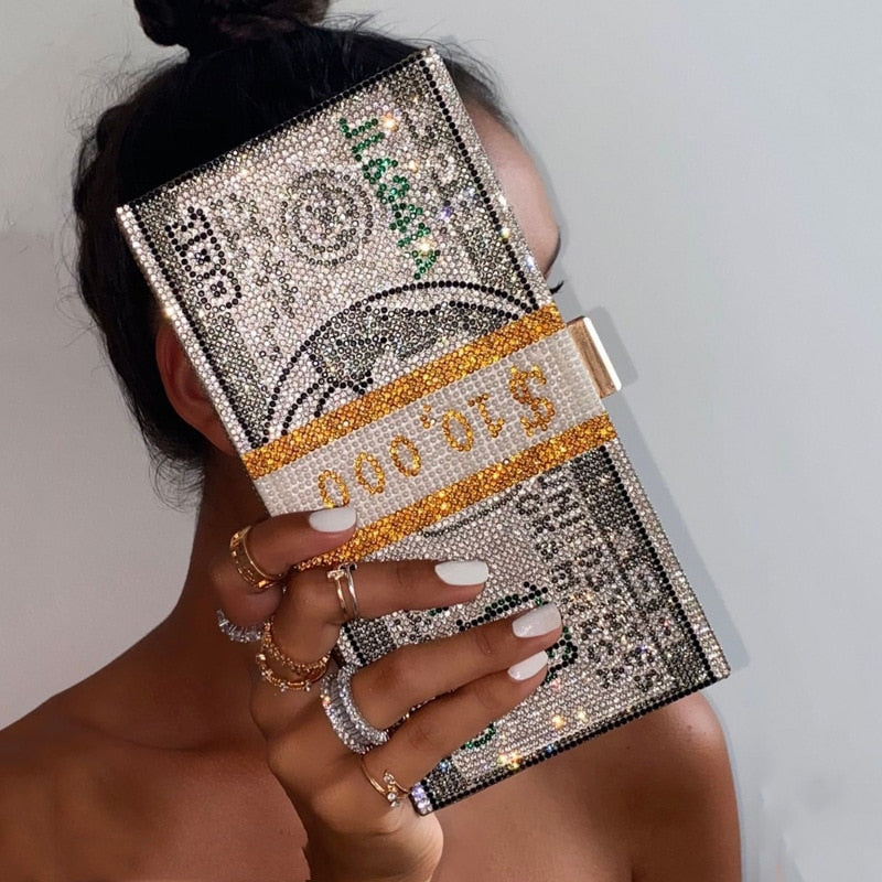 Glitter Bling Money Dollar Bill Crystal Chain Ladies Diamond Clutch Purse