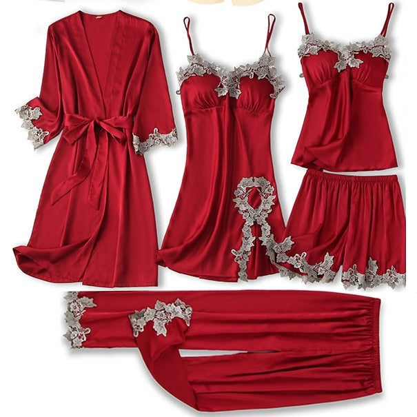 Satin Women's Sleepwear Set/Pajamas: Kimono Gown, Lace Intimate Lingerie Hollow Out Camisole, and Matching Lingerie Top w/ Shorts & Silky Pajama Pants