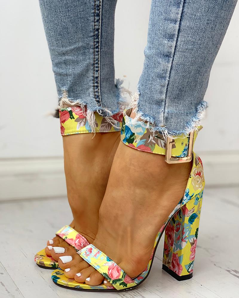 Leopard/Snakeskin/Floral Open Toe Ankle Buckled Sandals Chunky Heeled Sandals