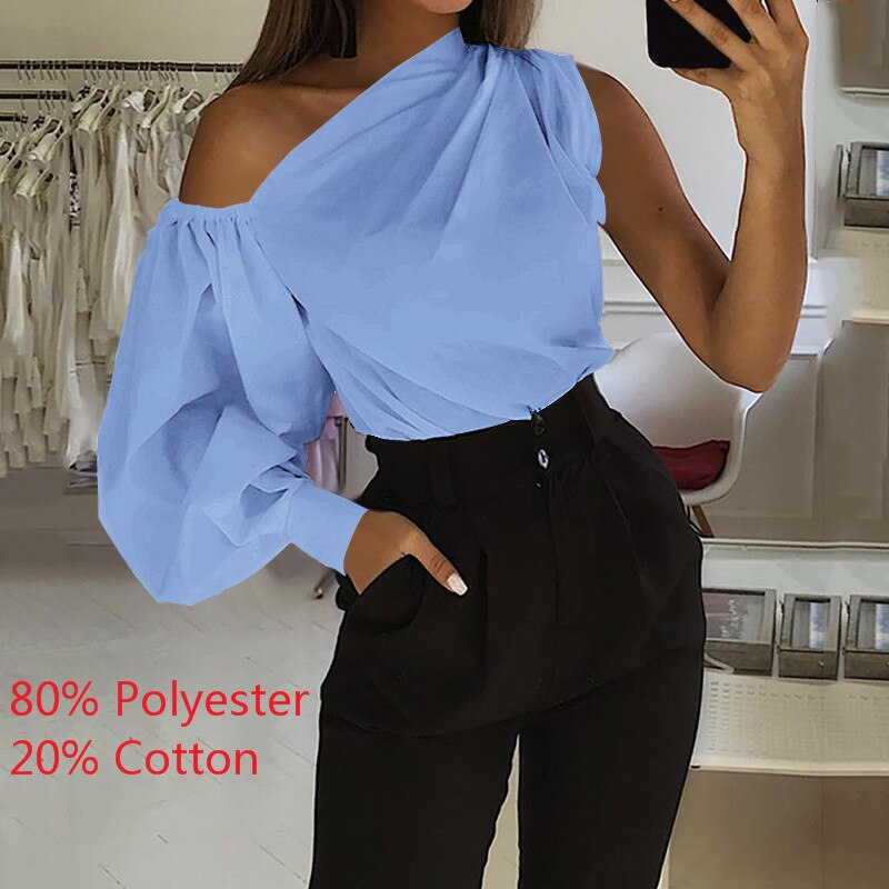 Lantern Sleeve Asymmetrical One Shoulder Loose Blouse